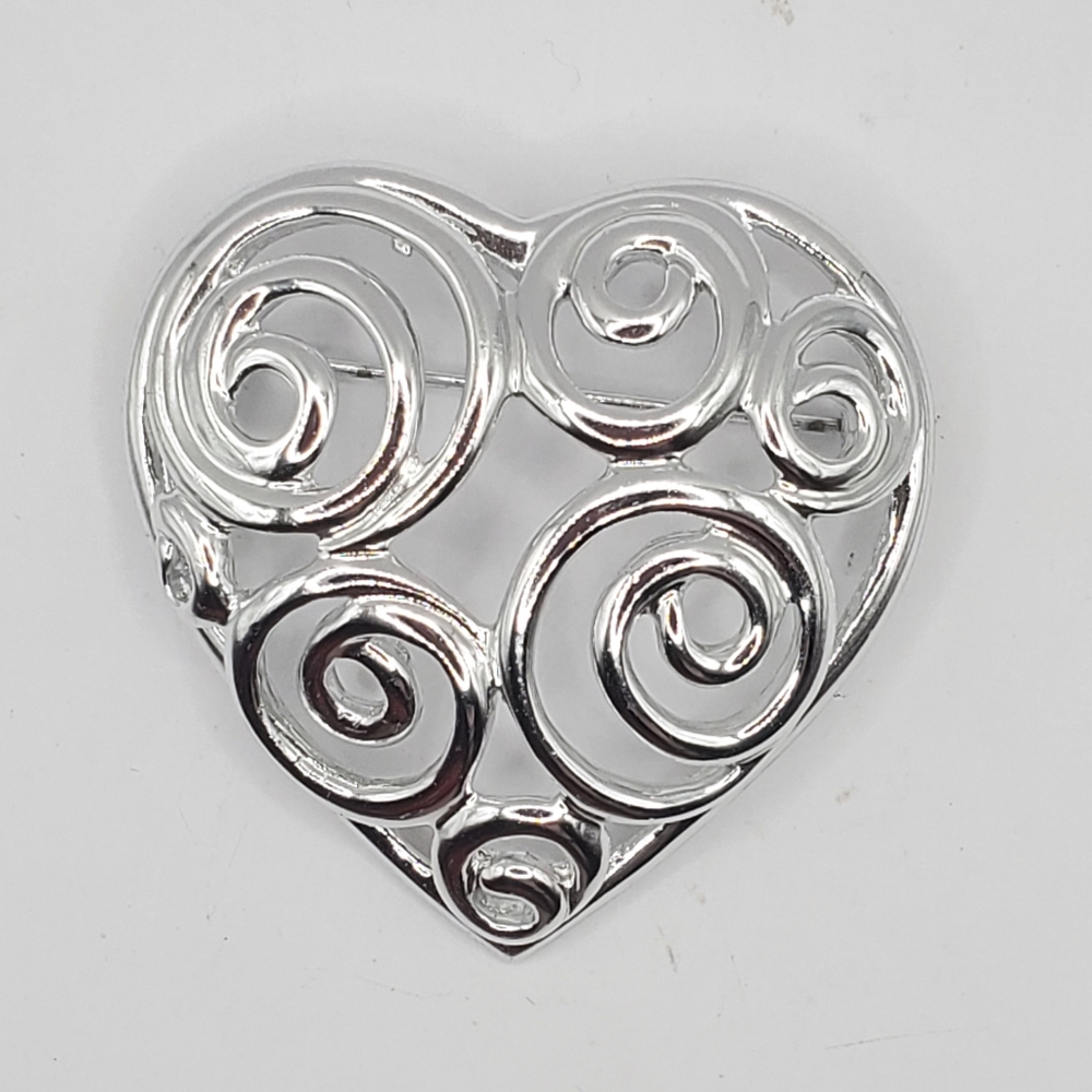 Vintage Heart Brooch Pin Silver Tone Love Valentines Large